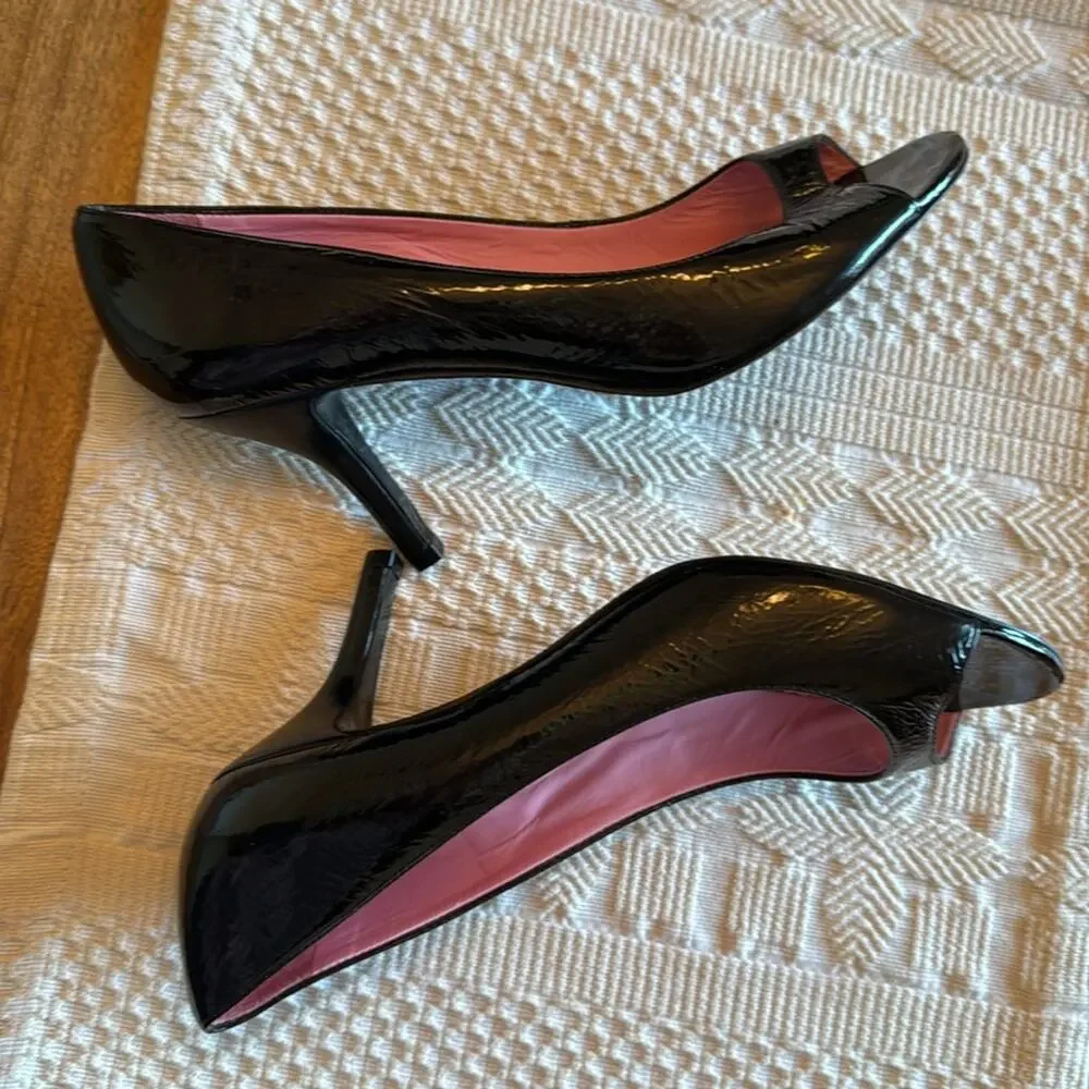 Lilly Pulitzer Black Patent Peep-Toe Heels with Pink Interior - Picture 3 of 5